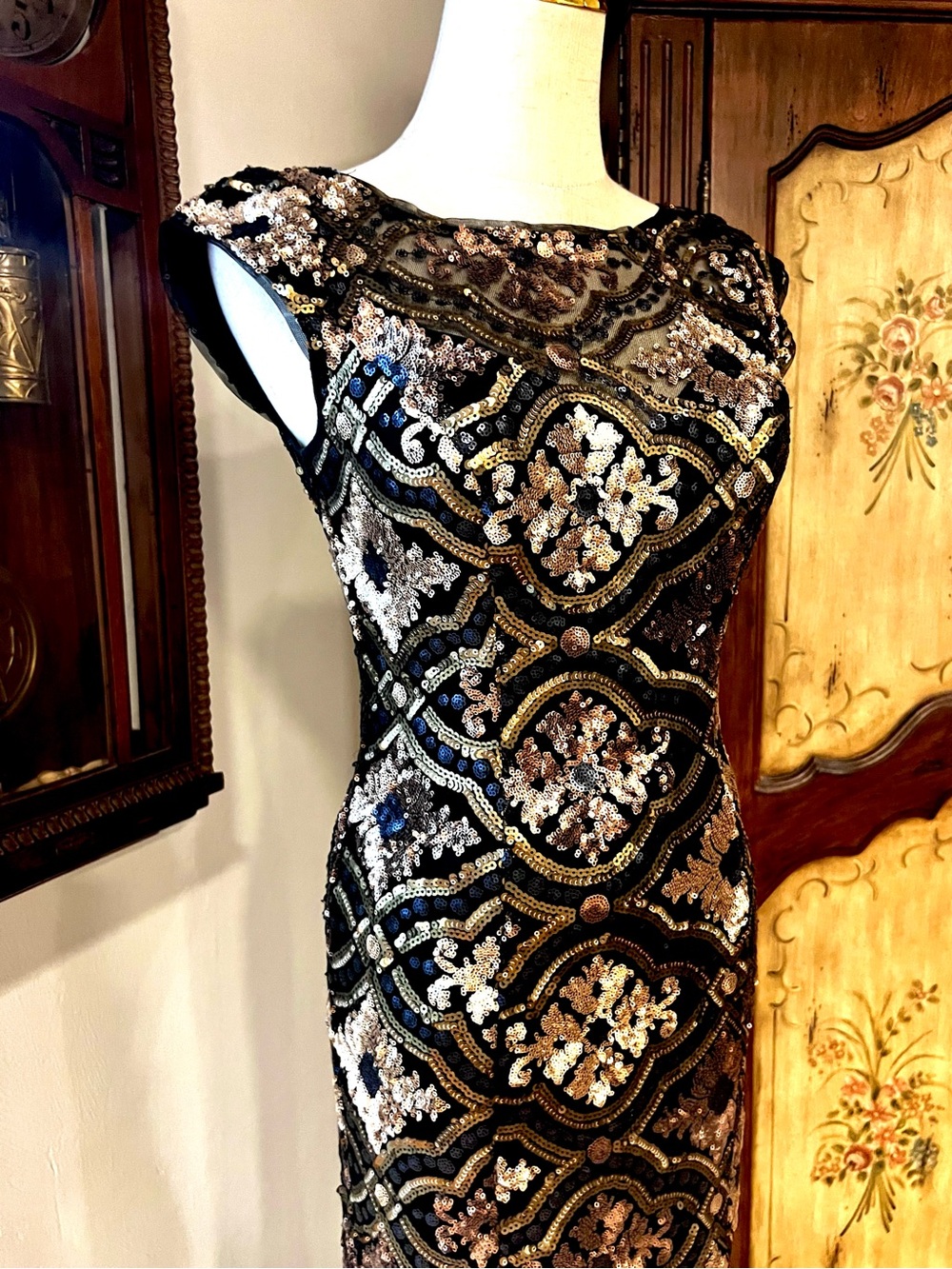 CACHÉ Vintage Beaded Sequin Illusion Neck Formal Evening Gown Black Gold Size 4 - Picture 6 of 16